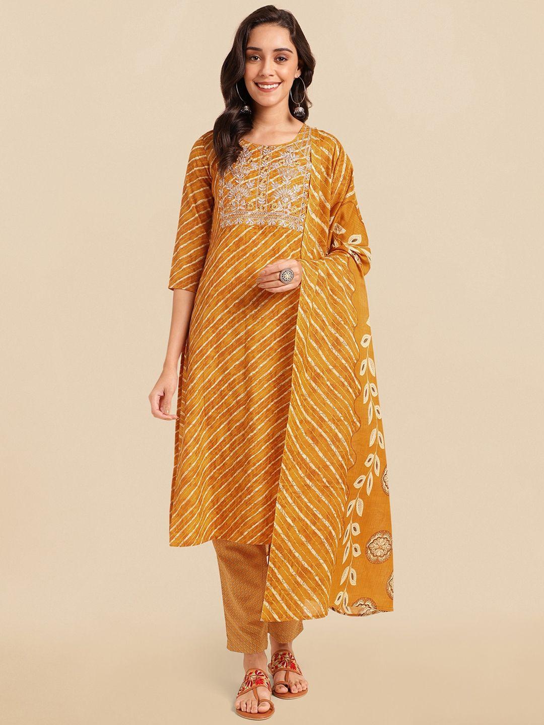 mirchi fashion leheriya printed sequinned pure cotton kurta with trousers & dupatta