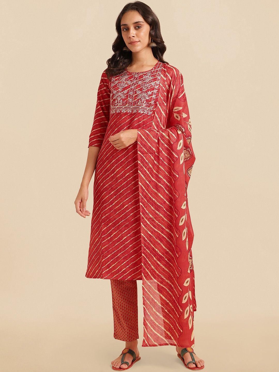 mirchi fashion leheriya printed sequinned pure cotton kurta with trousers & dupatta