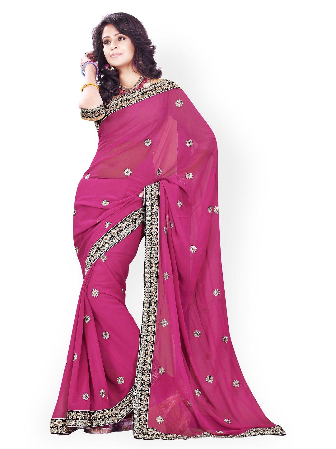 mirchi fashion magenta embroidered poly georgette fashion saree