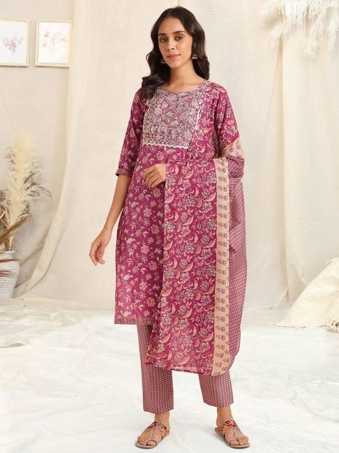 mirchi fashion magenta pink cotton embroidered kurta pant set with dupatta