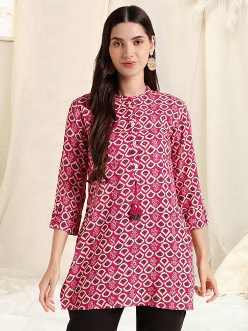 mirchi fashion magenta pink cotton printed a line short kurti