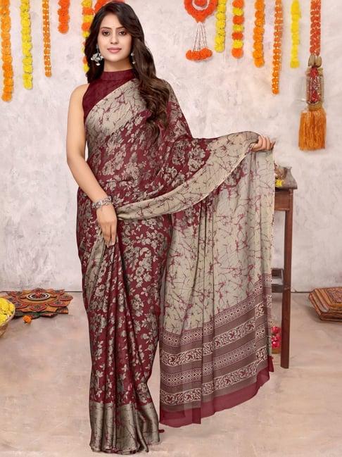 mirchi fashion maroon & beige floral print saree with unstitched blouse