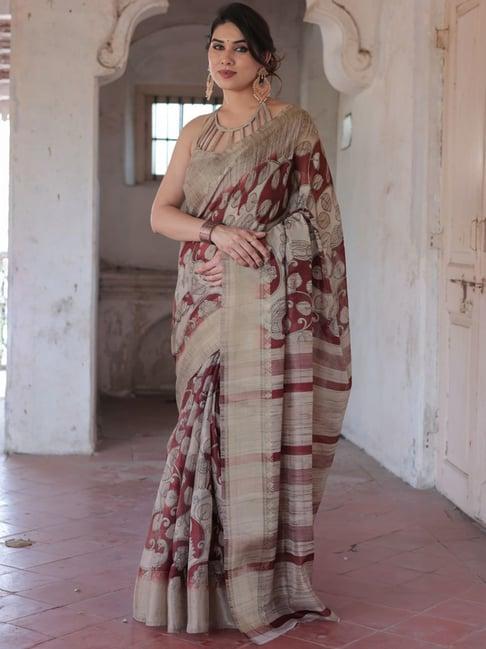 mirchi fashion maroon & beige floral print saree with unstitched blouse