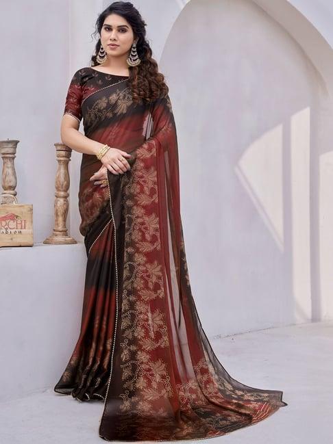 mirchi fashion maroon & black floral print saree with unstitched blouse