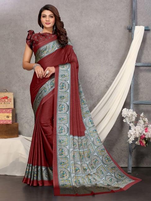 mirchi fashion maroon & blue printed saree with unstitched blouse
