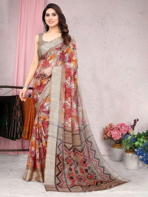 mirchi fashion maroon & brown floral print saree with unstitched blouse