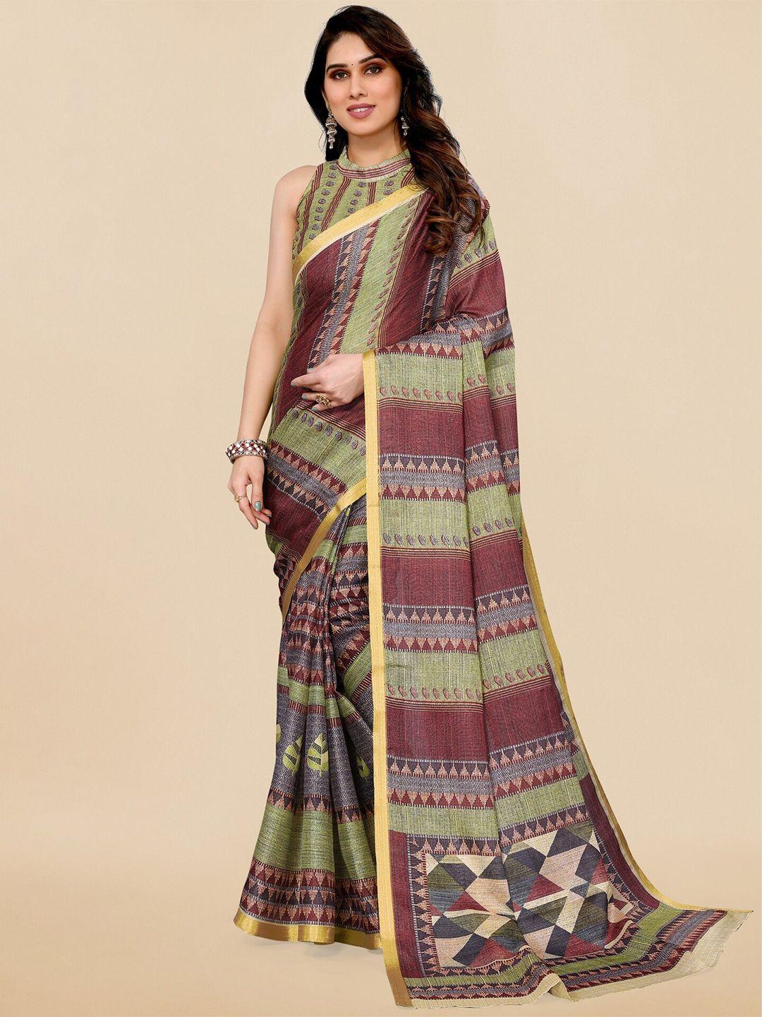 mirchi fashion maroon & green ethnic printed zari saree