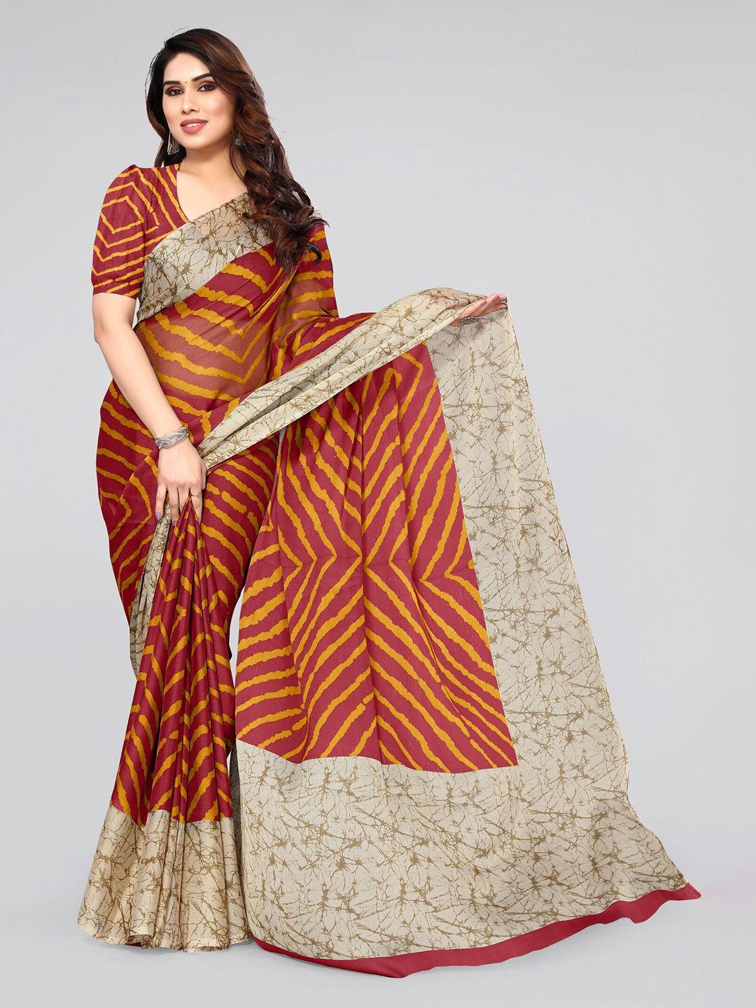 mirchi fashion maroon & mustard leheriya printed saree