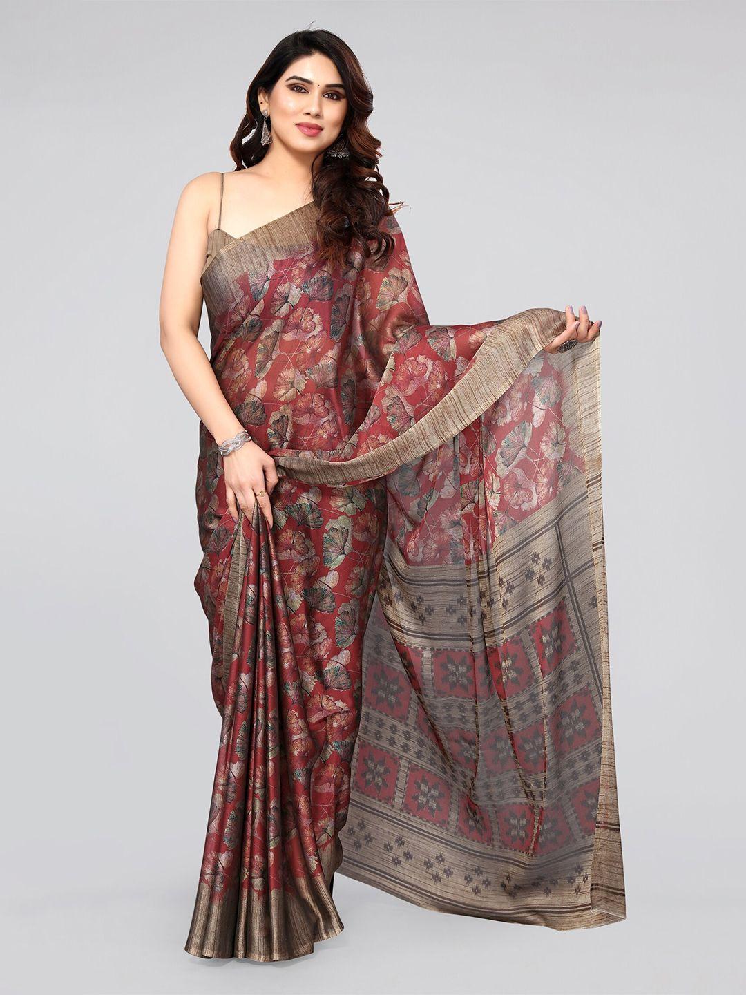 mirchi fashion maroon & rust floral printed saree