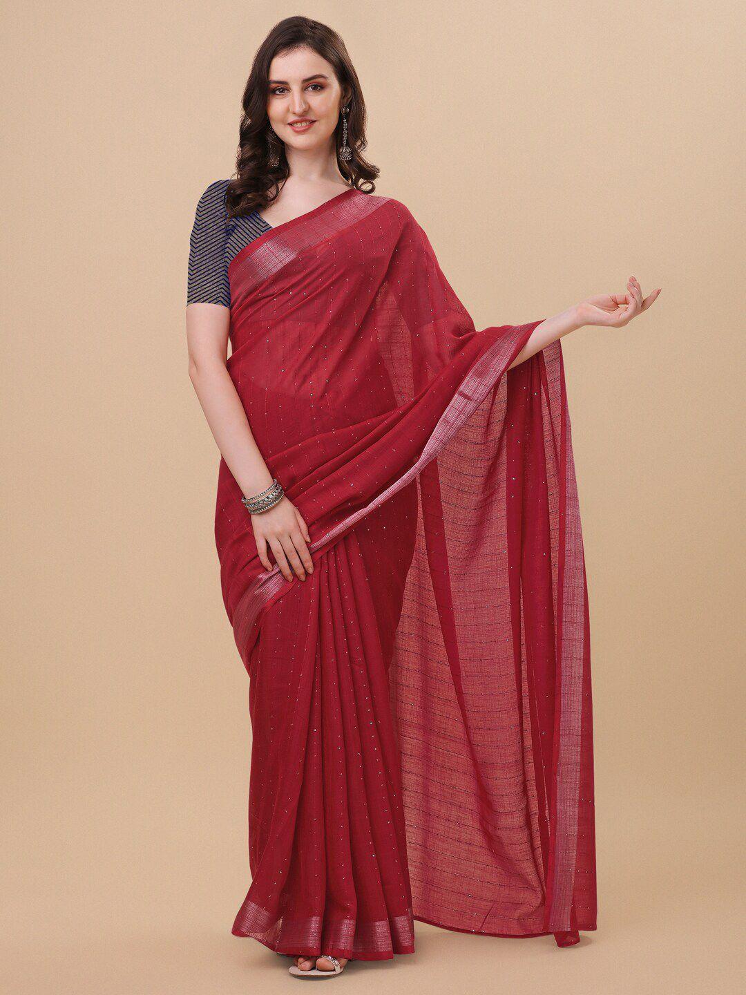 mirchi fashion maroon & silver-toned embellished zari saree