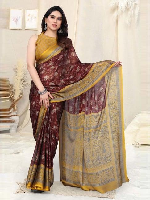 mirchi fashion maroon & yellow floral print saree with unstitched blouse