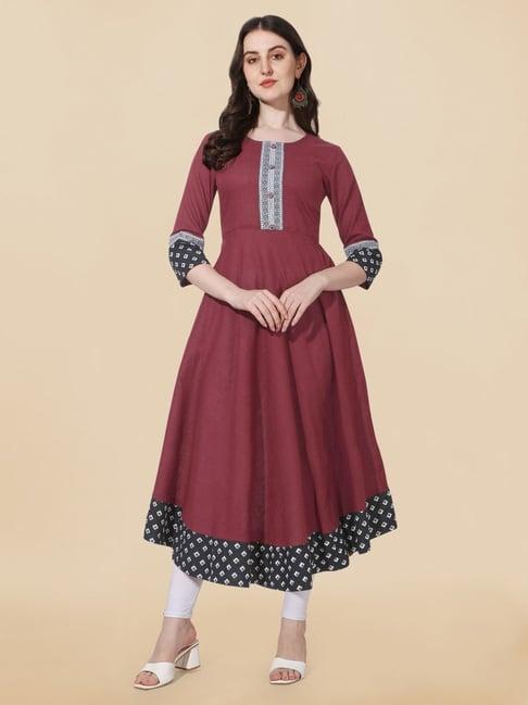 mirchi fashion maroon cotton printed anarkali kurta