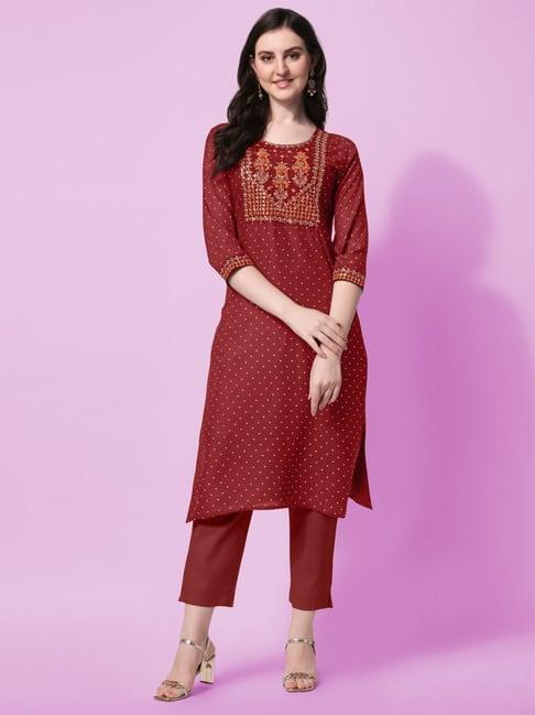 mirchi fashion maroon embellished straight kurta