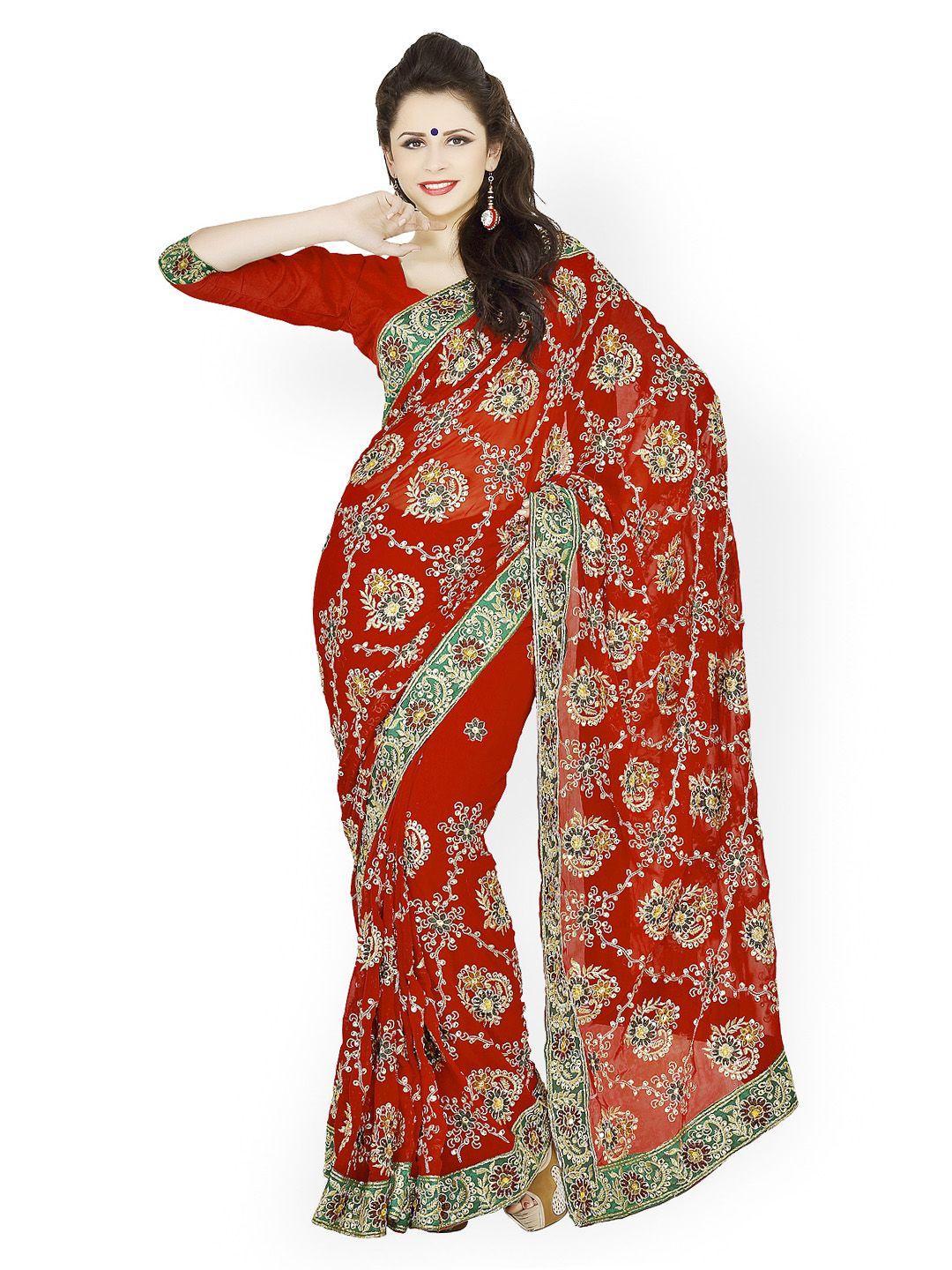 mirchi fashion maroon embroidered faux georgette fashion saree