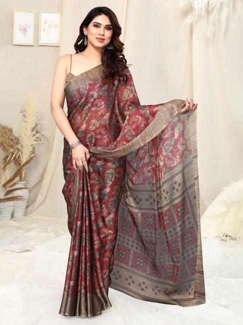 mirchi fashion maroon floral print saree with unstitched blouse piece