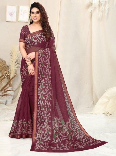 mirchi fashion maroon floral print saree with unstitched blouse piece