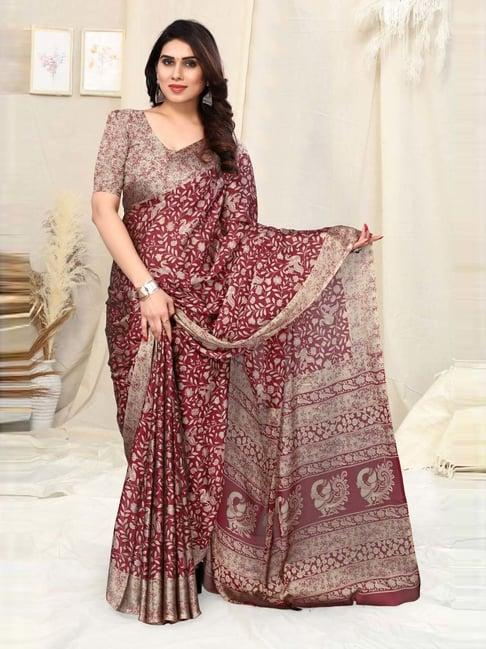 mirchi fashion maroon floral print saree with unstitched blouse