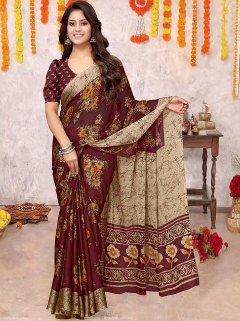 mirchi fashion maroon floral print saree with unstitched blouse