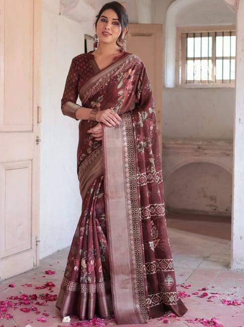 mirchi fashion maroon floral print saree with unstitched blouse