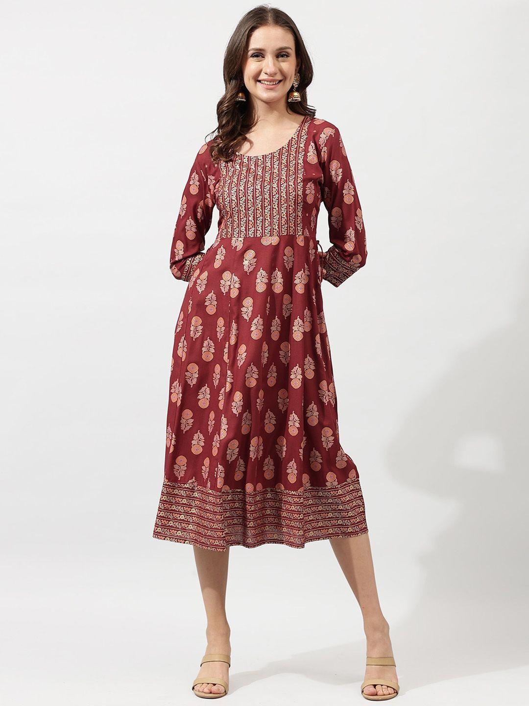 mirchi fashion maroon floral printed mirror work a-line ethnic dress