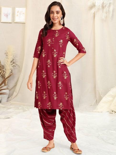 mirchi fashion maroon printed kurta salwar set