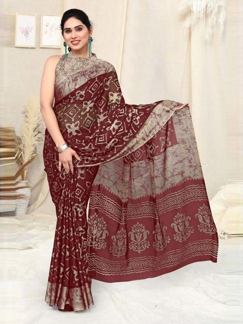 mirchi fashion maroon printed saree with unstitched blouse