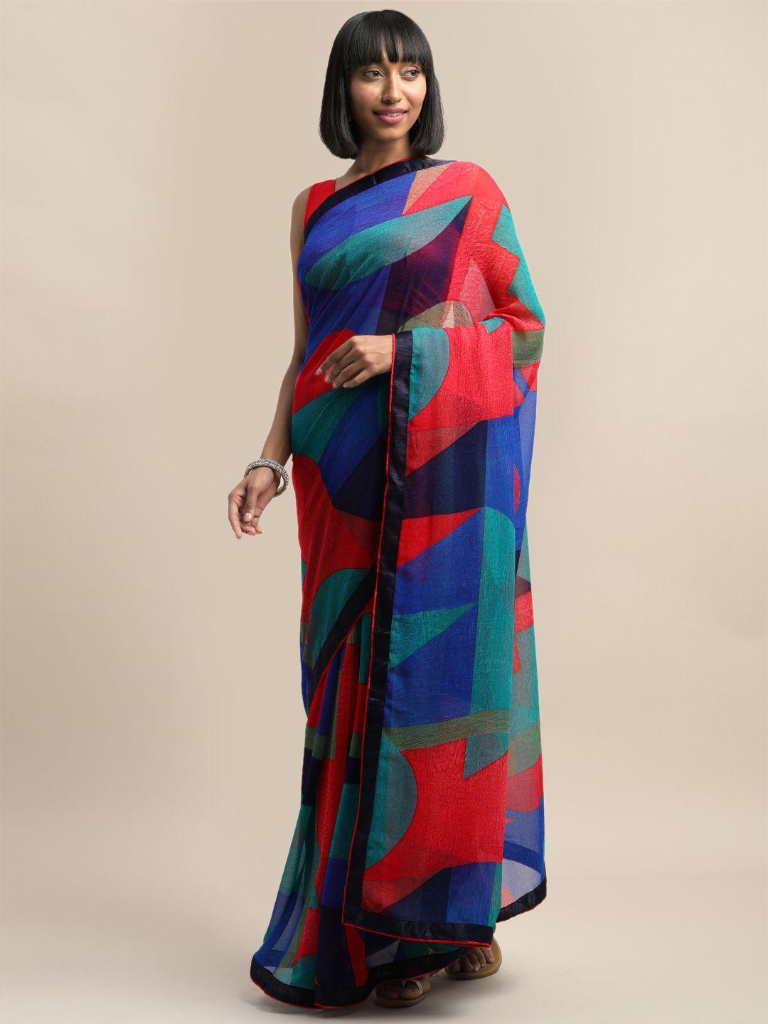 mirchi fashion multicoloured poly georgette abstract printed block print saree