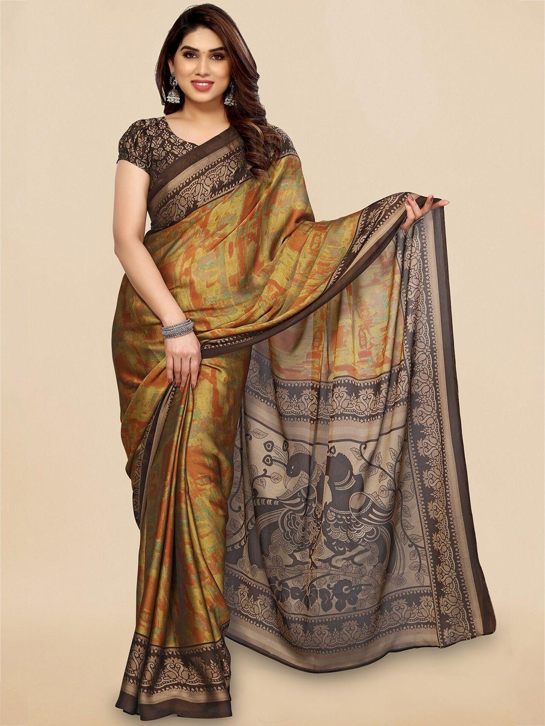 mirchi fashion mustard & brown abstract printed saree