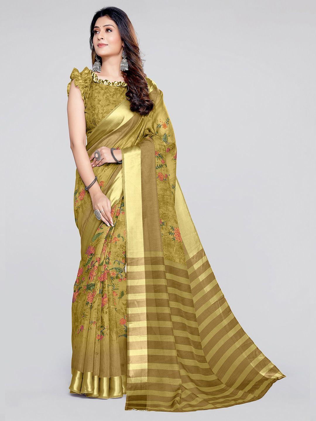 mirchi fashion mustard & gold-toned floral saree