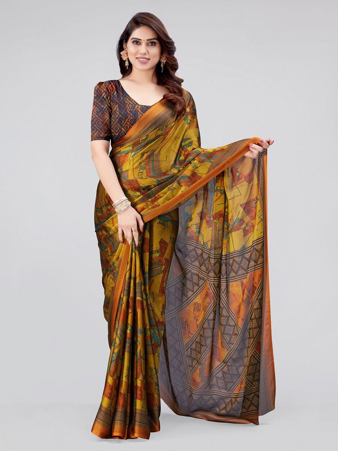 mirchi fashion mustard & grey floral printed saree