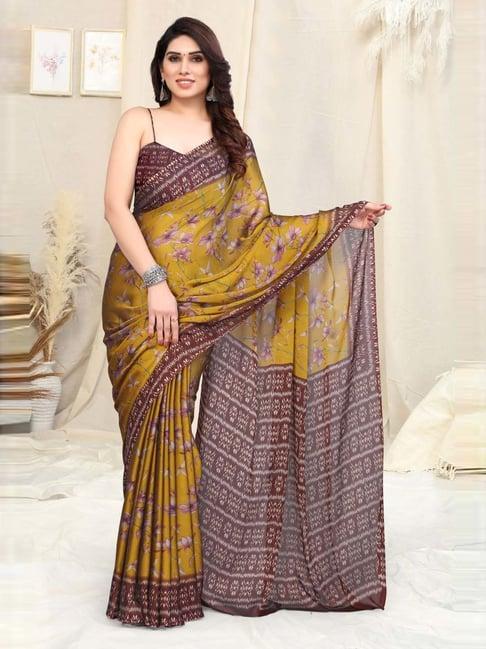 mirchi fashion mustard & maroon floral print saree with unstitched blouse