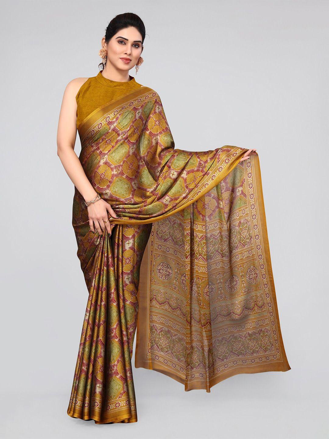 mirchi fashion mustard & pink ethnic motifs printed saree