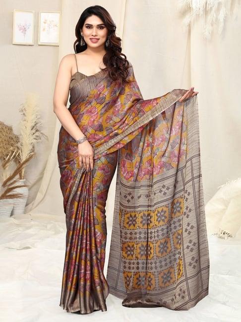 mirchi fashion mustard & pink floral print saree with unstitched blouse piece