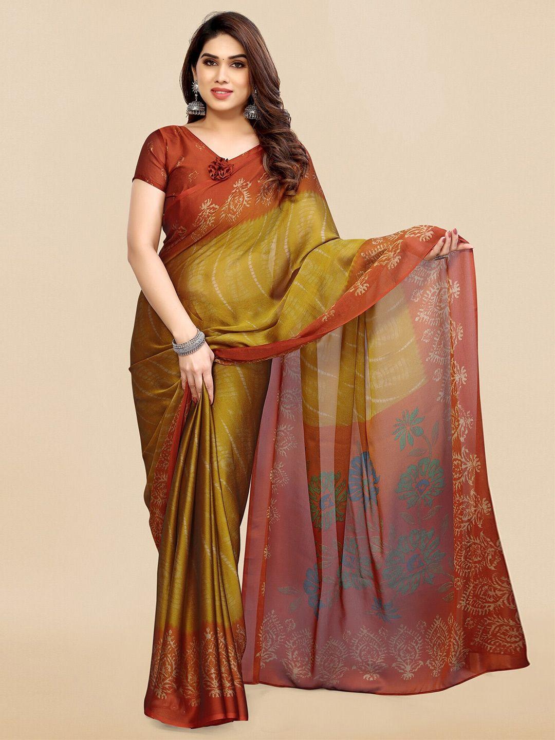 mirchi fashion mustard & red floral printed block print saree