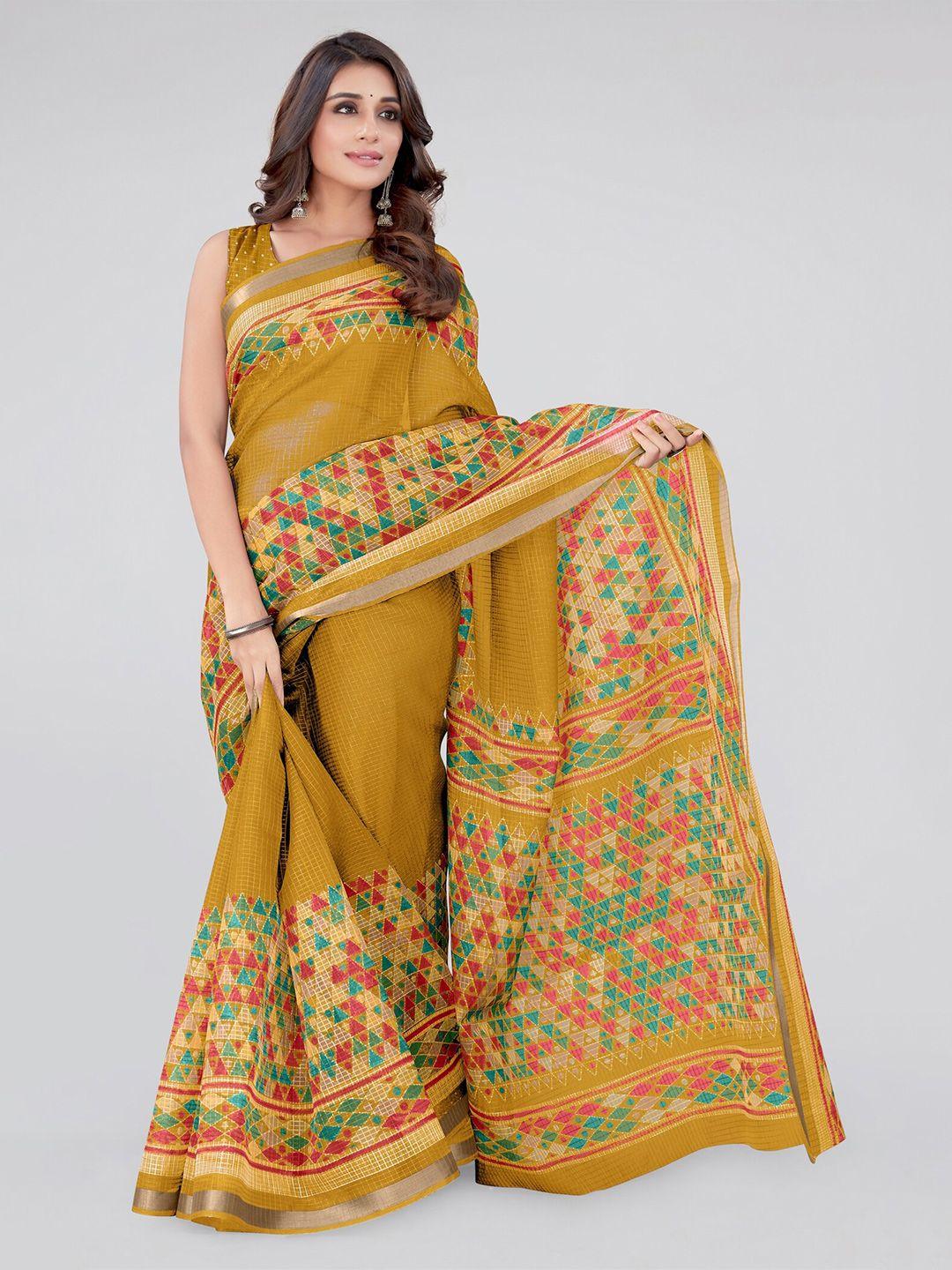 mirchi fashion mustard & red geometric printed zari saree