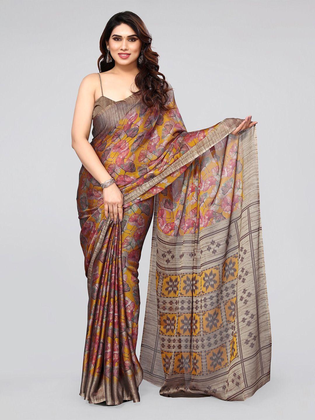 mirchi fashion mustard & rust floral printed saree