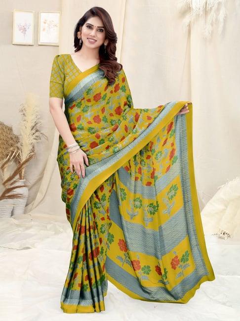 mirchi fashion mustard floral print saree with unstitched blouse piece