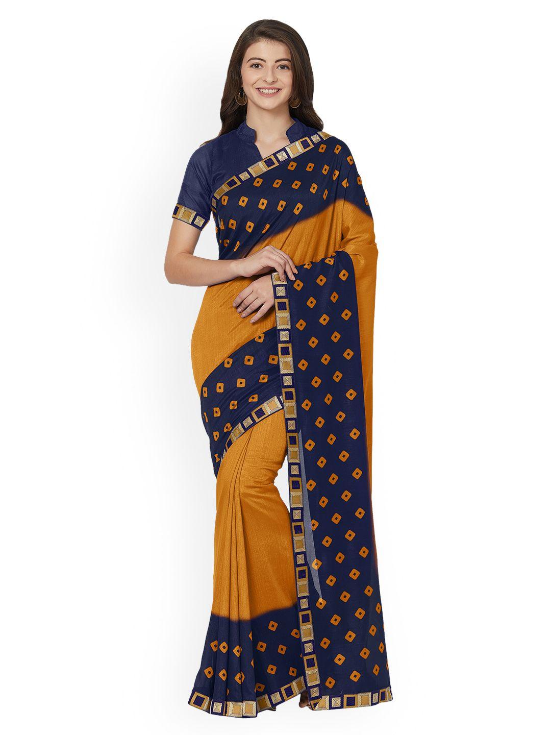 mirchi fashion mustard yellow & navy blue silk blend printed saree