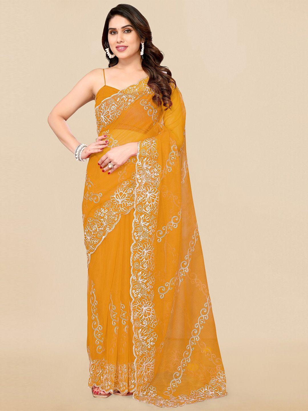 mirchi fashion mustard yellow & white floral embroidered saree