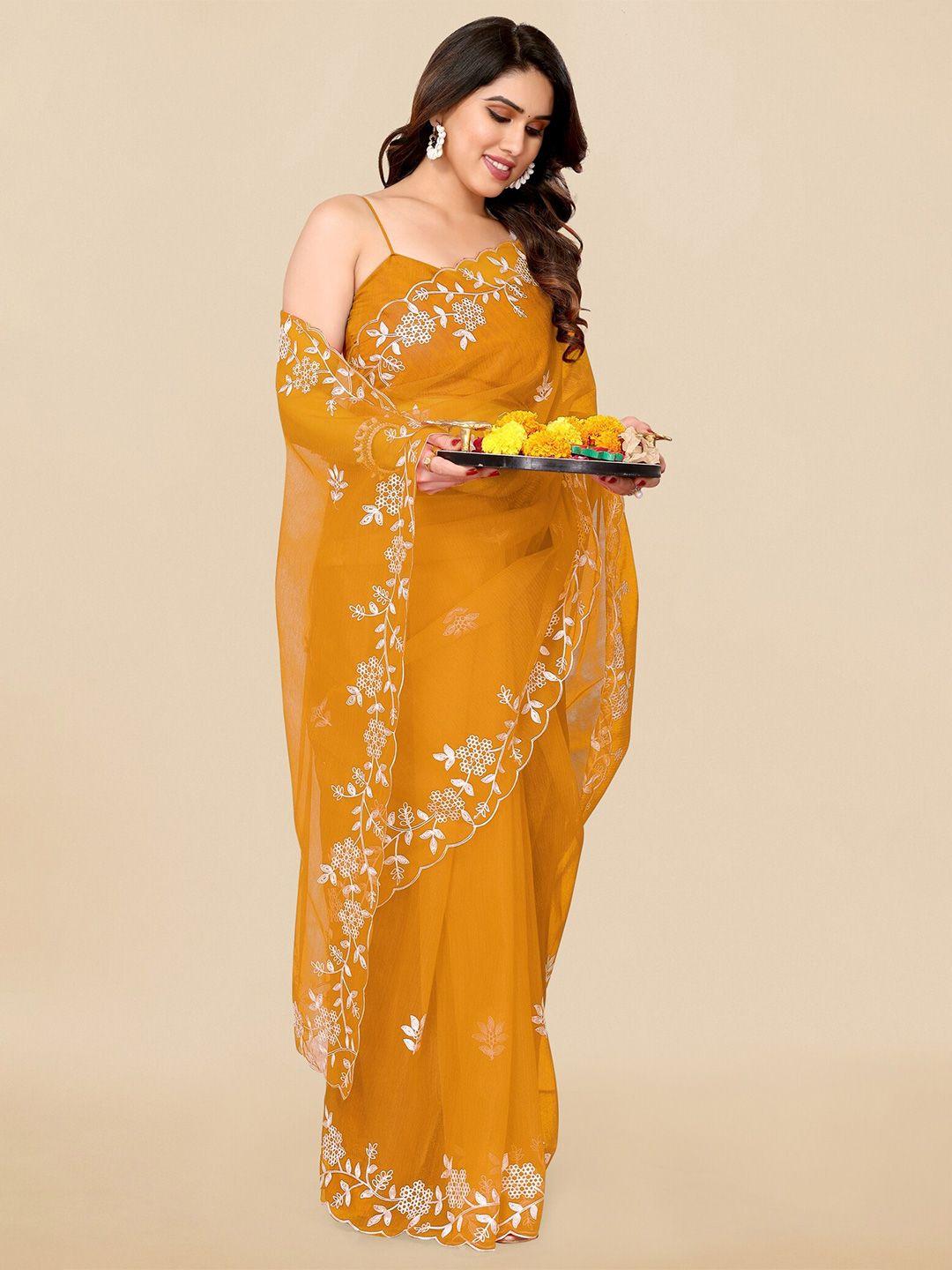 mirchi fashion mustard yellow & white floral embroidered saree