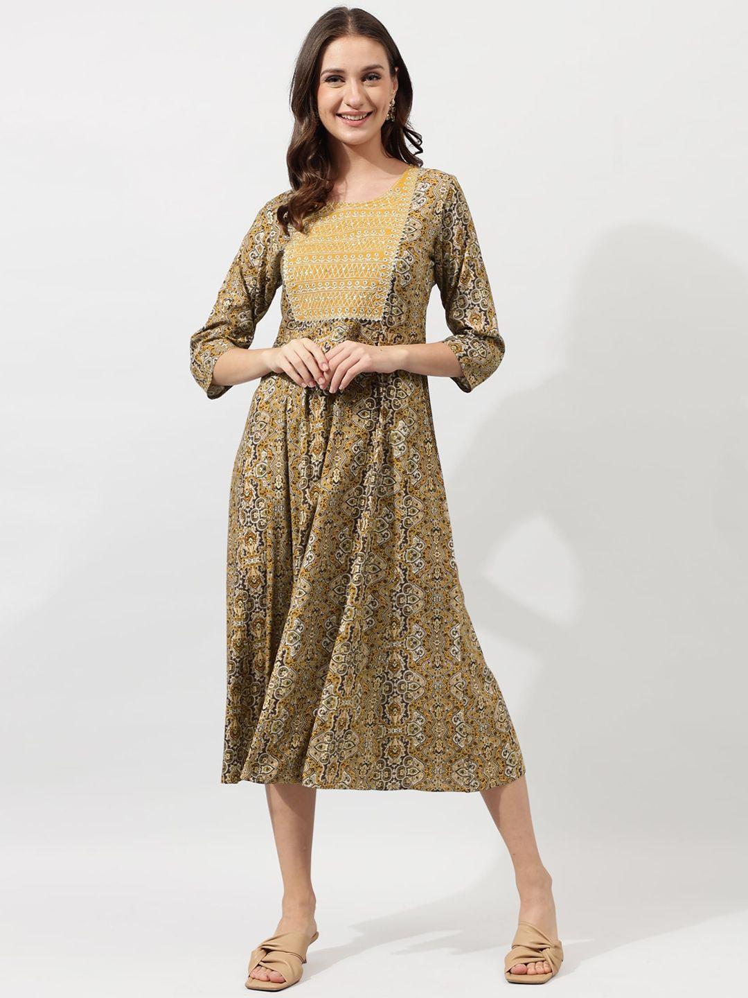 mirchi fashion mustard yellow ethnic motifs printed sequinned midi ethnic dress