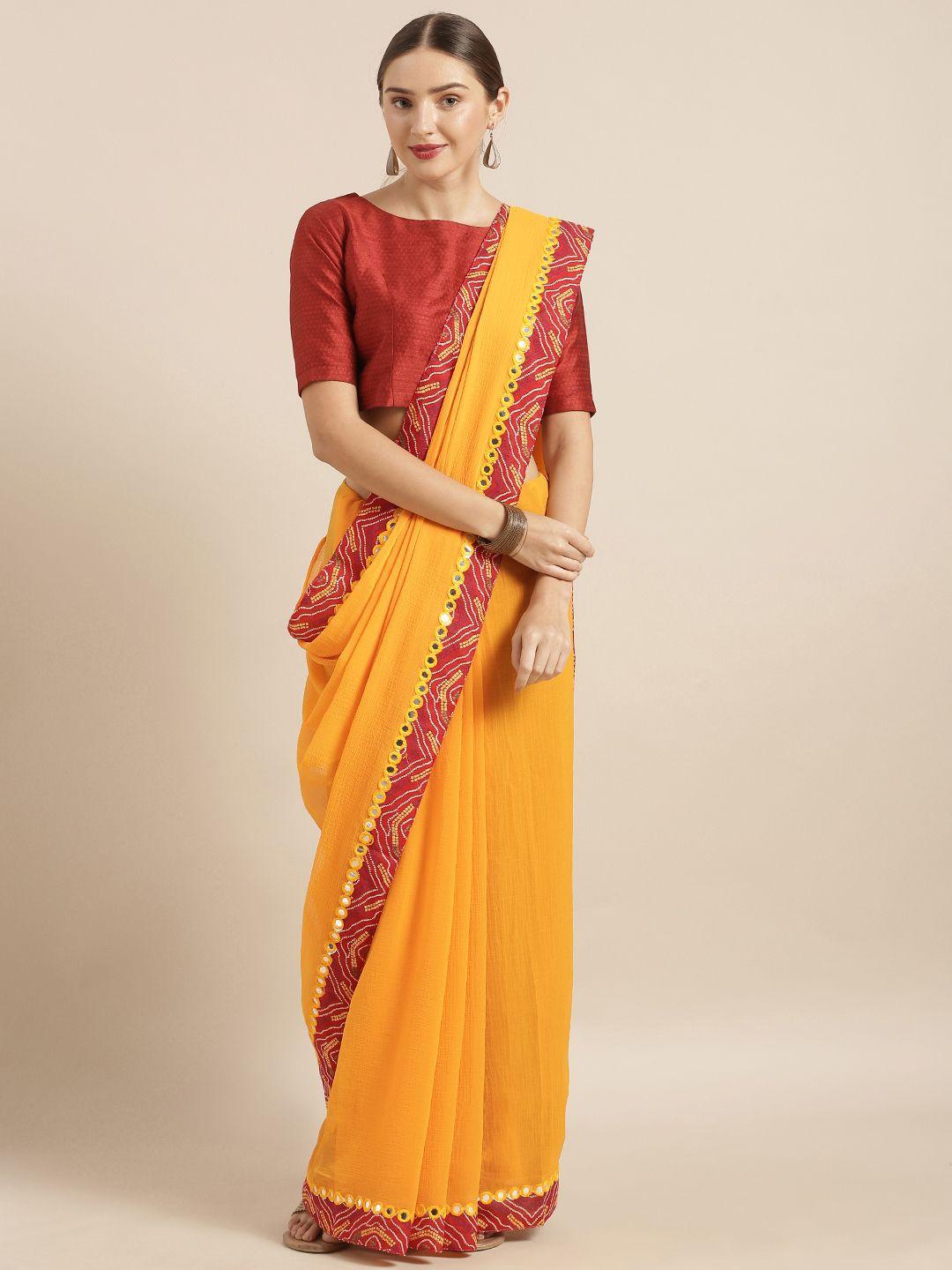 mirchi fashion mustard yellow poly chiffon solid saree with bandhani boarder