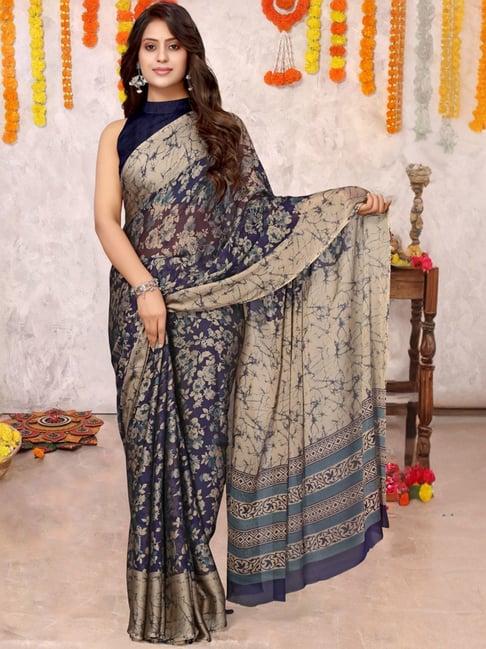 mirchi fashion navy & beige floral print saree with unstitched blouse