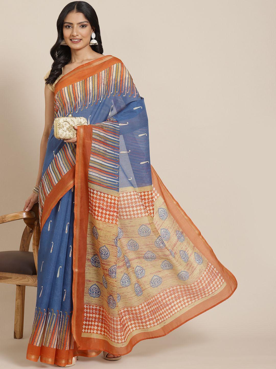 mirchi fashion navy blue & orange paisley saree