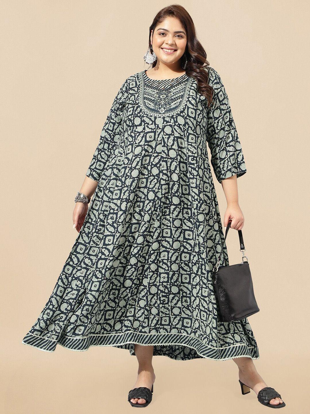 mirchi fashion navy blue plus size abstract printed embellished empire ethnic dress