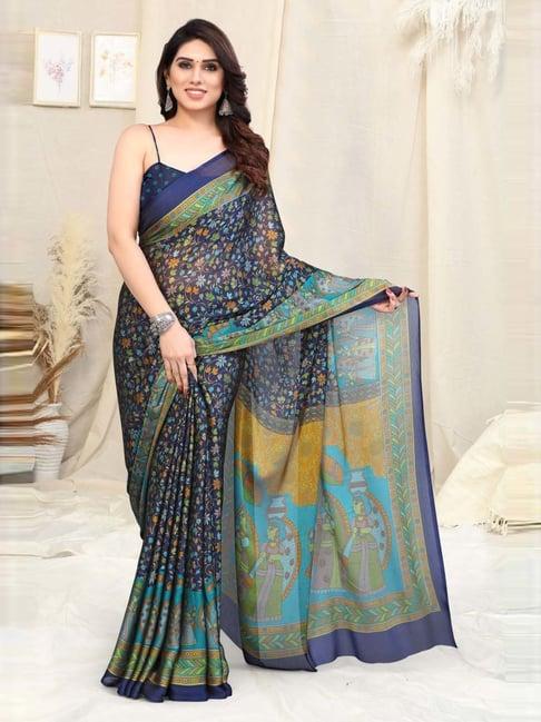 mirchi fashion navy floral print saree with unstitched blouse