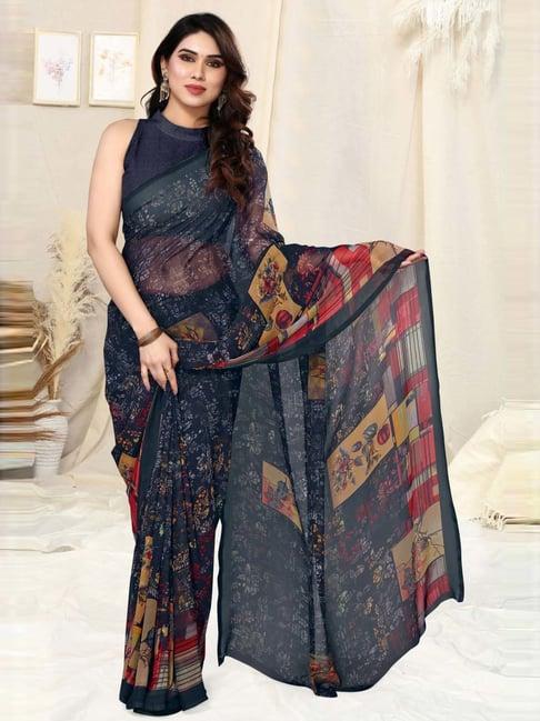 mirchi fashion navy floral print saree with unstitched blouse