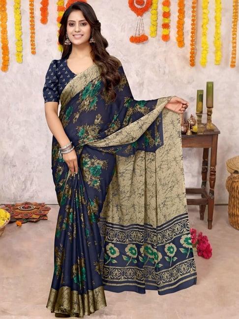 mirchi fashion navy floral print saree with unstitched blouse