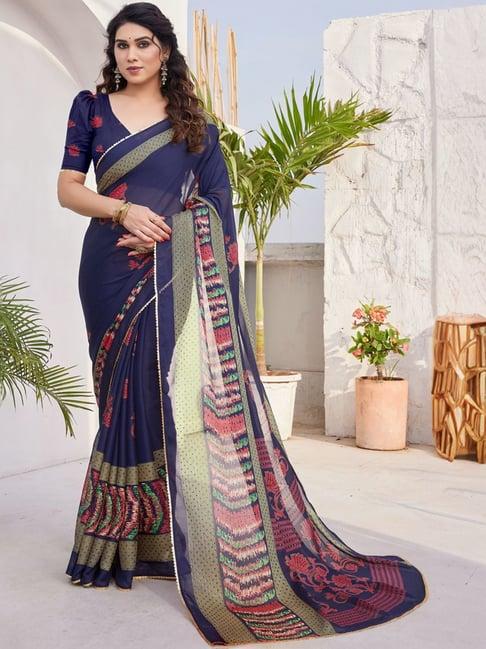 mirchi fashion navy floral print saree with unstitched blouse