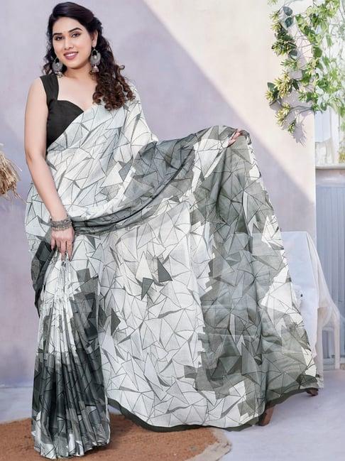 mirchi fashion off-white & grey printed saree with unstitched blouse